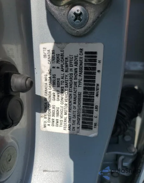 2012 Honda Civic Lx z USA, uszkodzony, nr VIN 2HGFB2F51CH599382